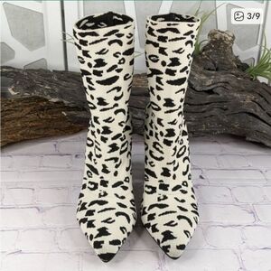 Azalea Wang White & Black Leopard Spots, Animal Print, Block Heel Sock Boots